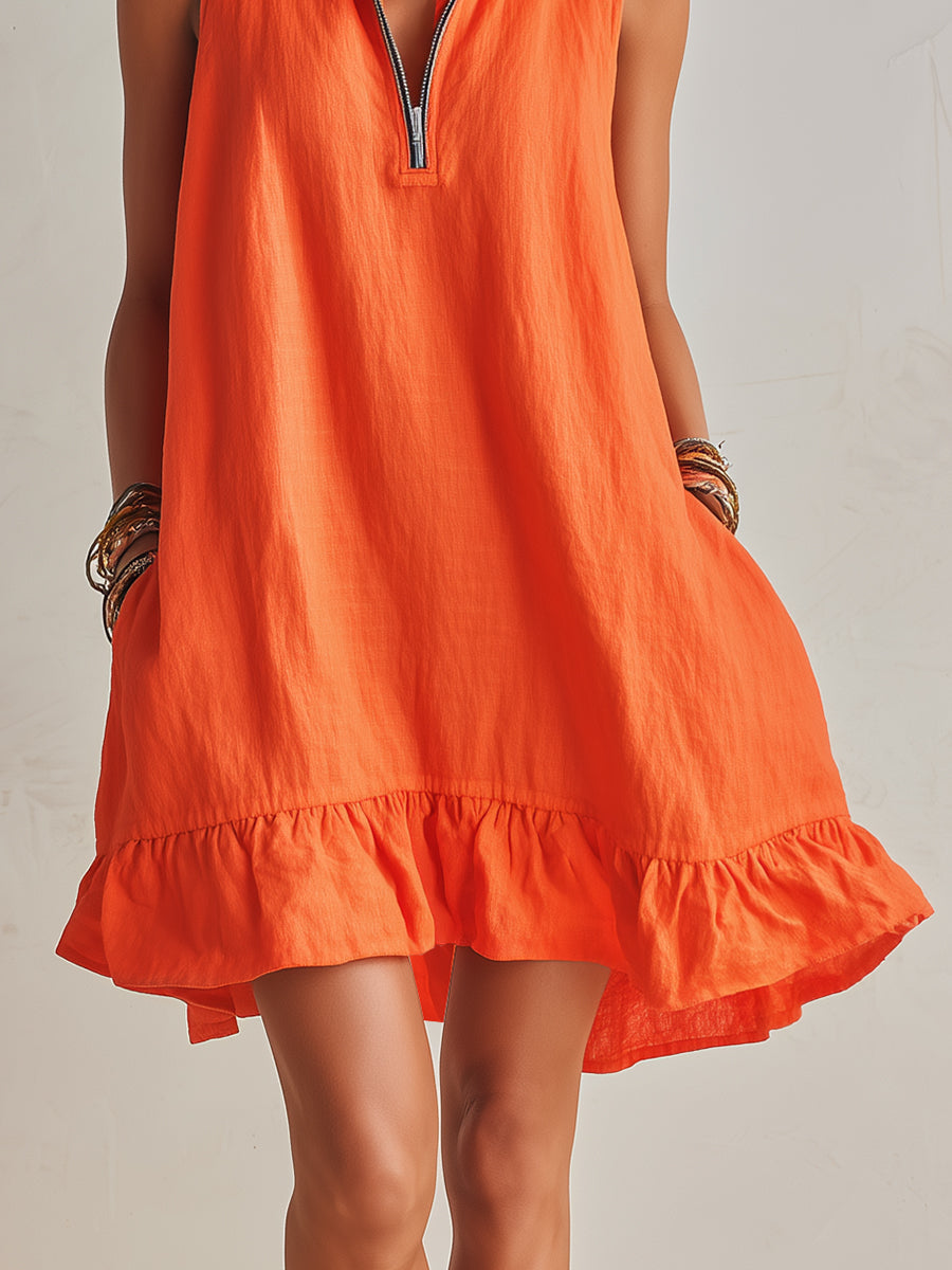 Mini Dress with Stand Collar, Half Zip and Ruffled Hem