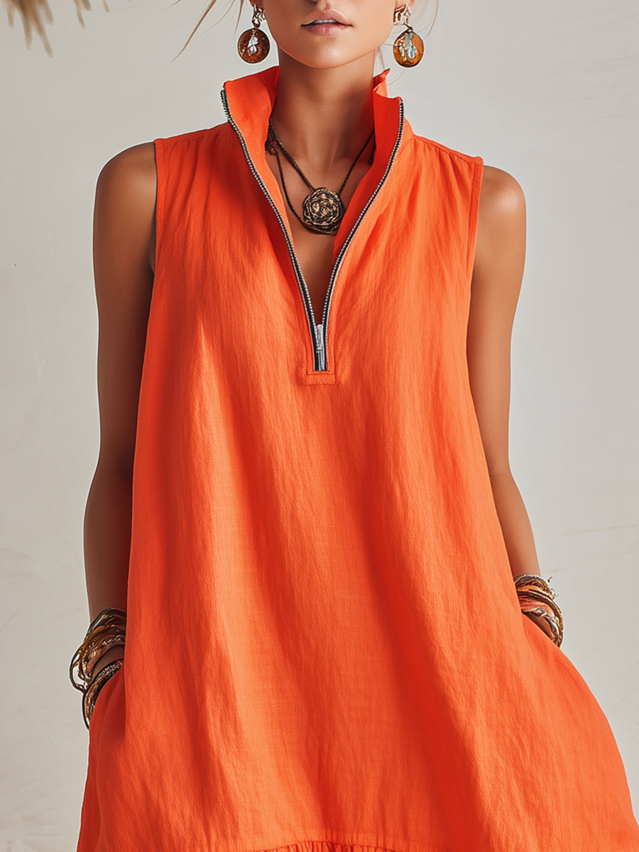 Mini Dress with Stand Collar, Half Zip and Ruffled Hem