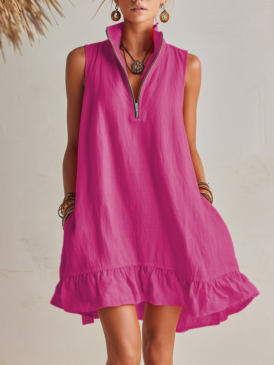 Mini Dress with Stand Collar, Half Zip and Ruffled Hem