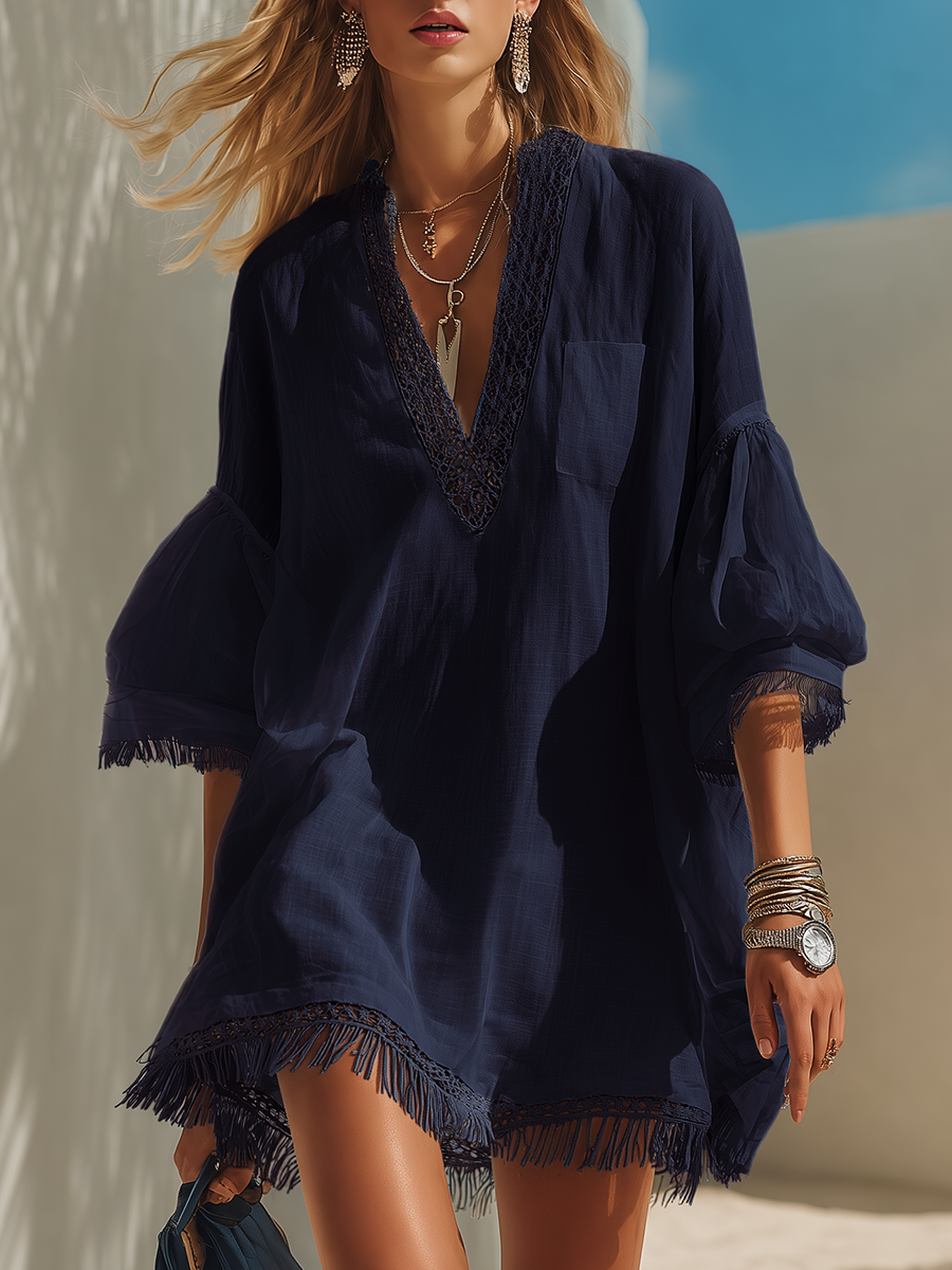 Mini Dress with V-Neck, Lace Trim and Tassels