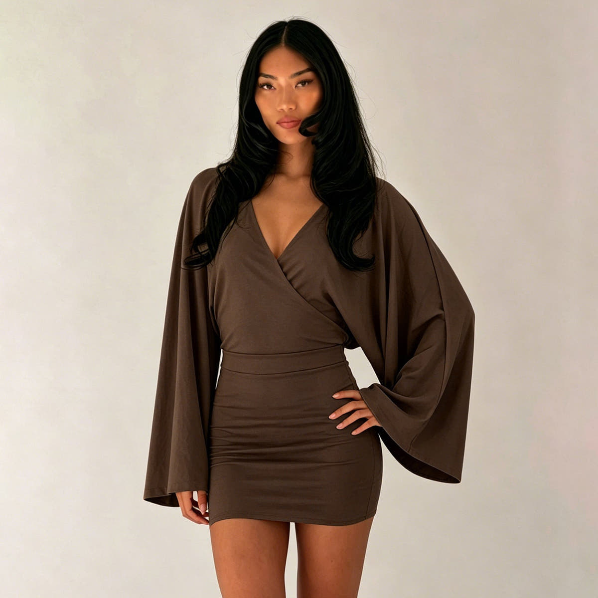 Mini Dress with Wrap Front and Kimono Sleeves for Women