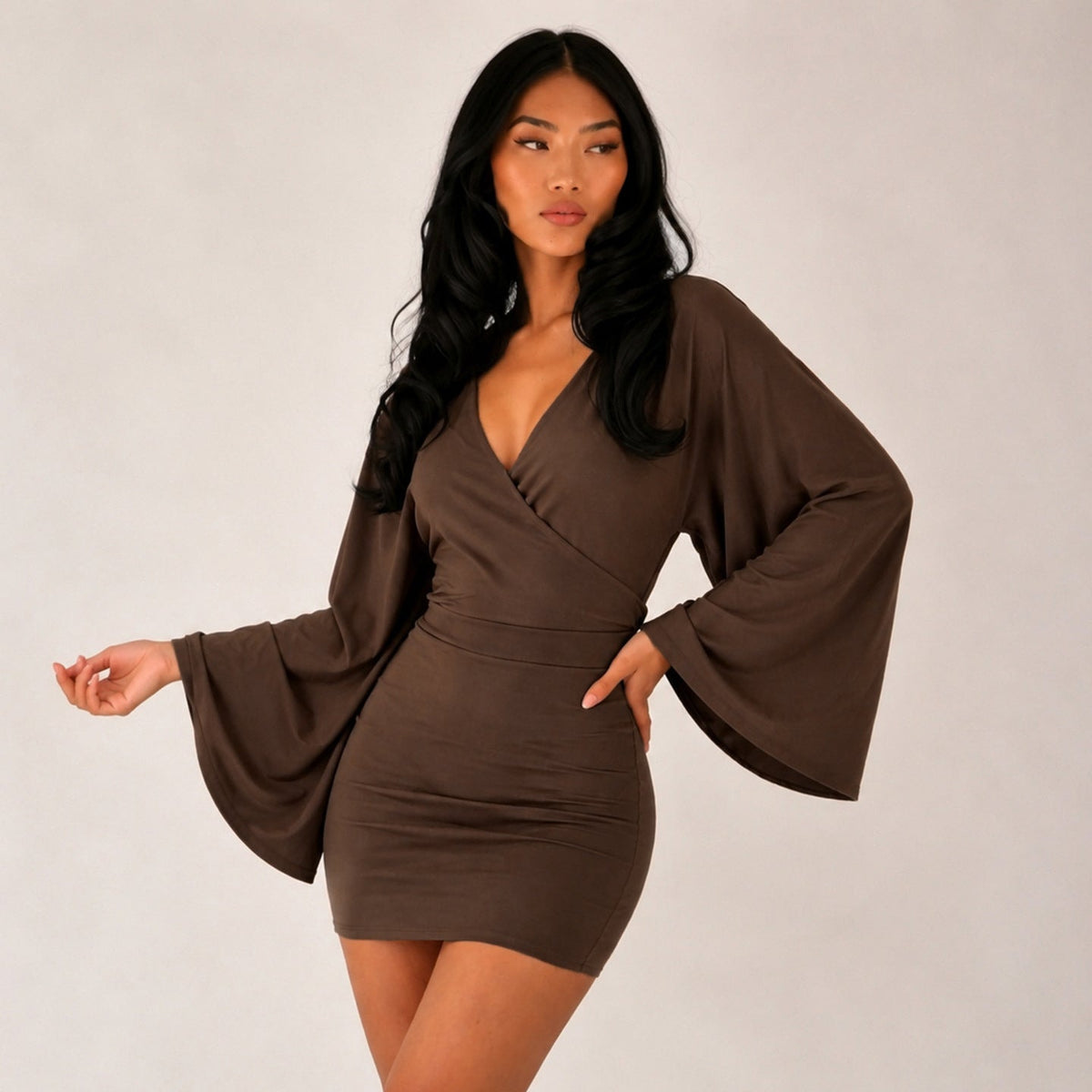 Mini Dress with Wrap Front and Kimono Sleeves for Women