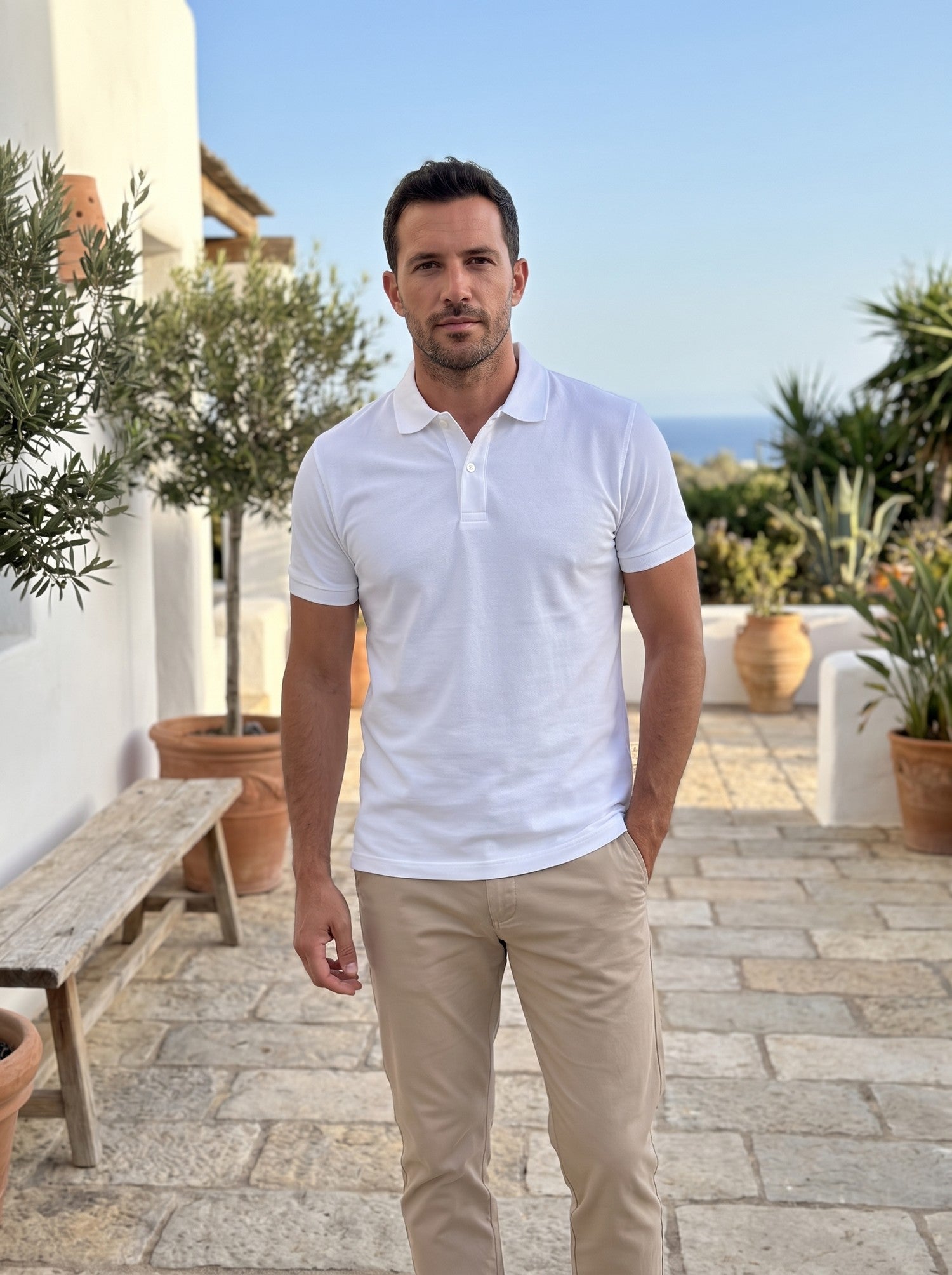 Man in a white polo shirt on a sunny stone terrace
