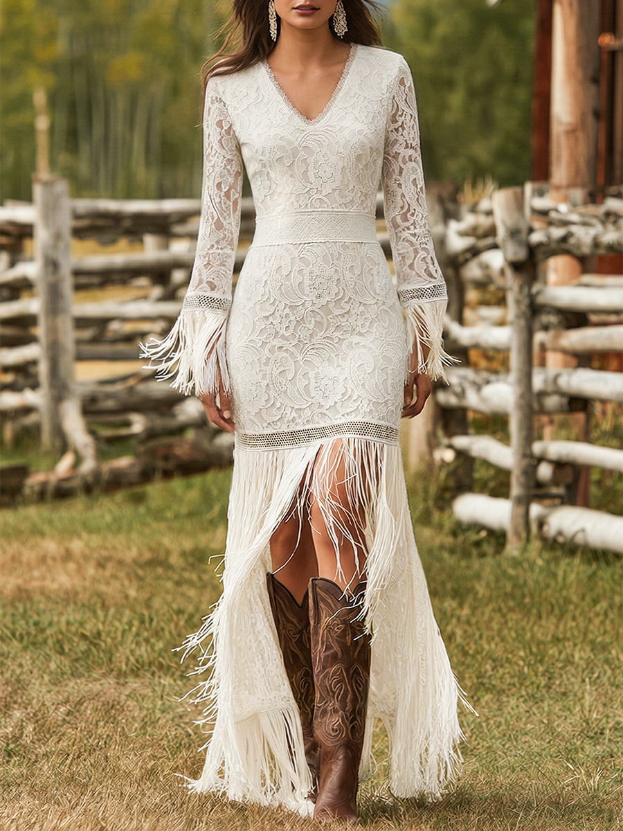 Party Dress with Floral Lace, V-Neck and Fringe