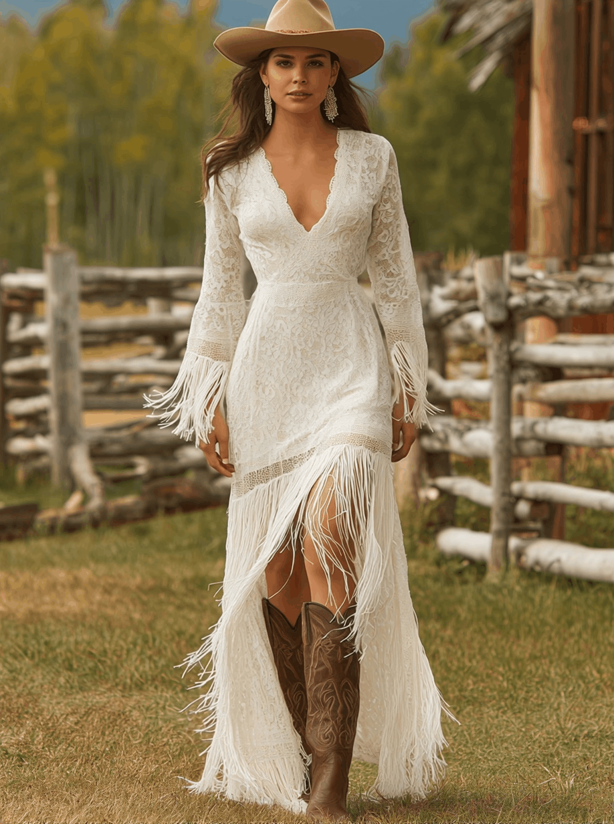 Party Dress with Floral Lace, V-Neck and Fringe