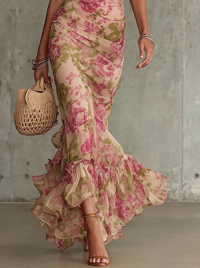 Party Dress with Floral Print, Ruching and Fishtail Hem
