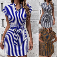 Shirt Dress with Stripes and Slim Waist Belt for Women