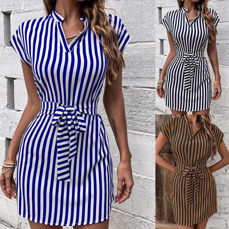 Shirt Dress with Stripes and Slim Waist Belt for Women