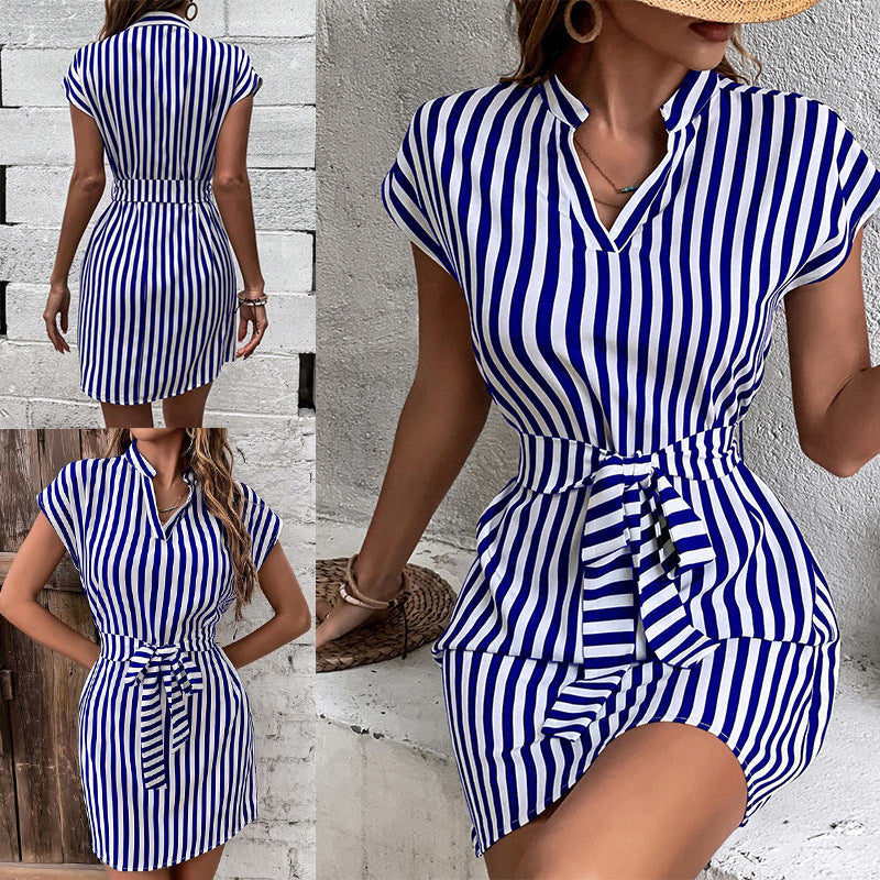 Shirt Dress with Stripes and Slim Waist Belt for Women