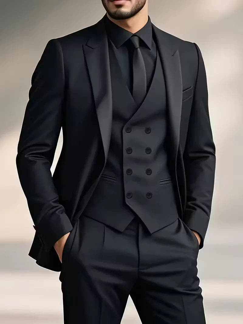 Men's Slim Fit Three-Piece Suit with Double-Breasted Waistcoat