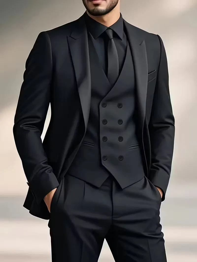 Men's Slim Fit Three-Piece Suit with Double-Breasted Waistcoat