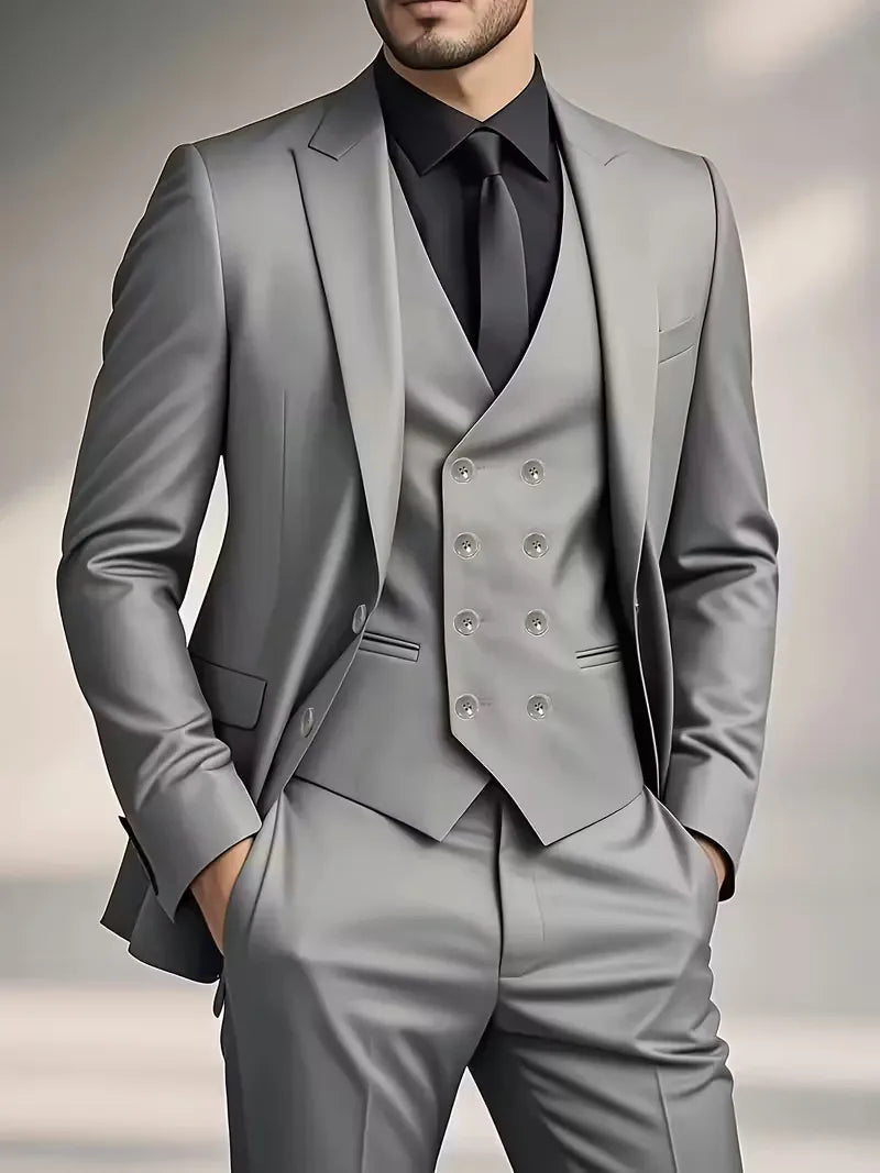 Men's Slim Fit Three-Piece Suit with Double-Breasted Waistcoat
