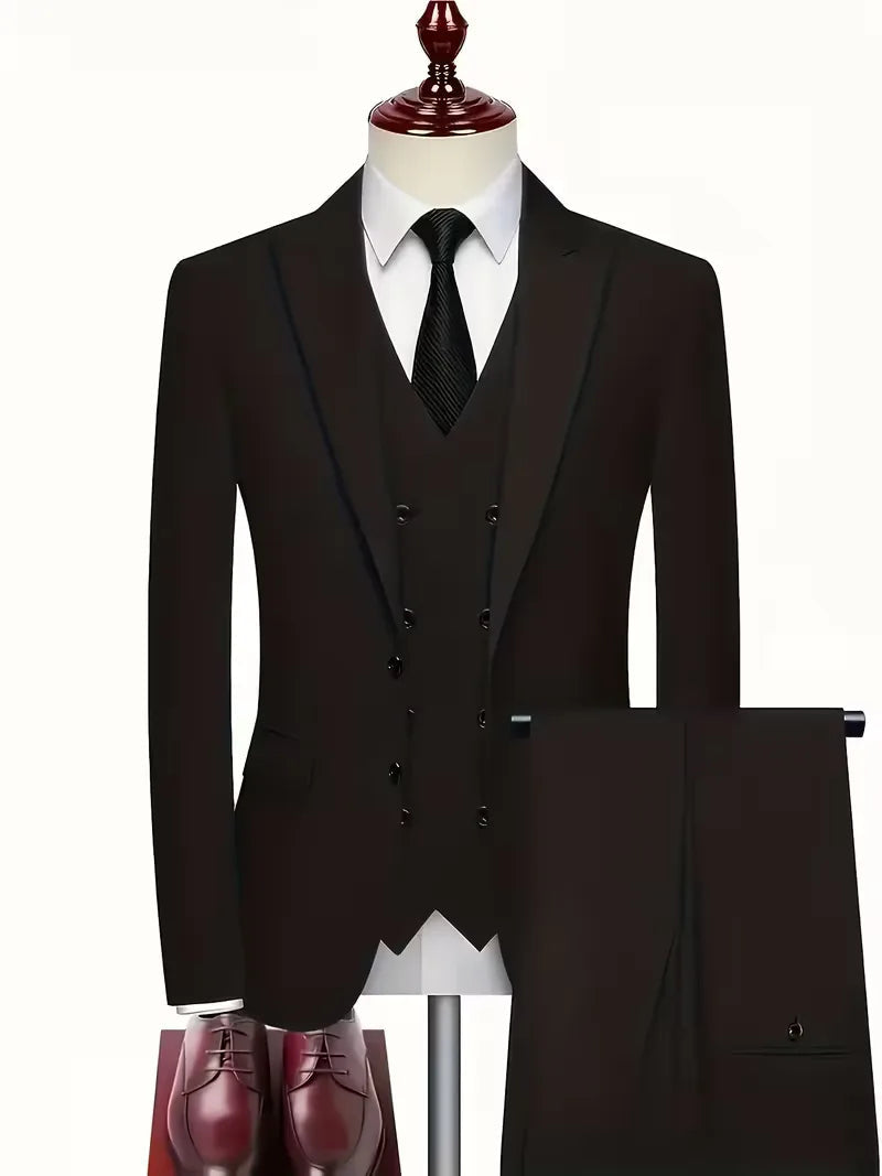 Men's Slim Fit Three-Piece Suit with Double-Breasted Waistcoat
