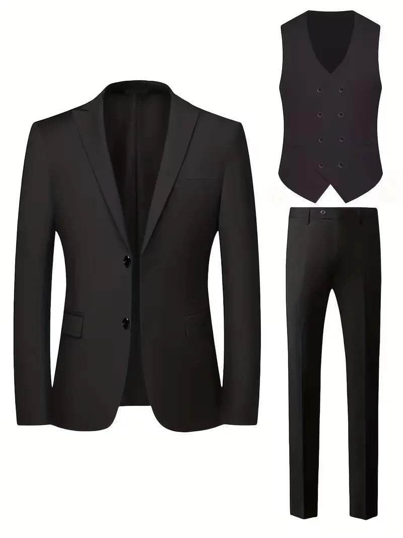 Men's Slim Fit Three-Piece Suit with Double-Breasted Waistcoat