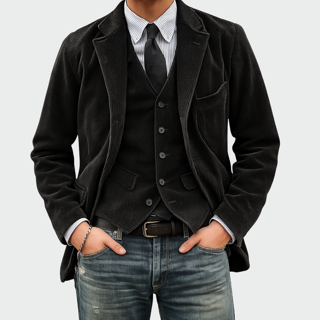 Men's Cord-Look Blazer and Waistcoat Set