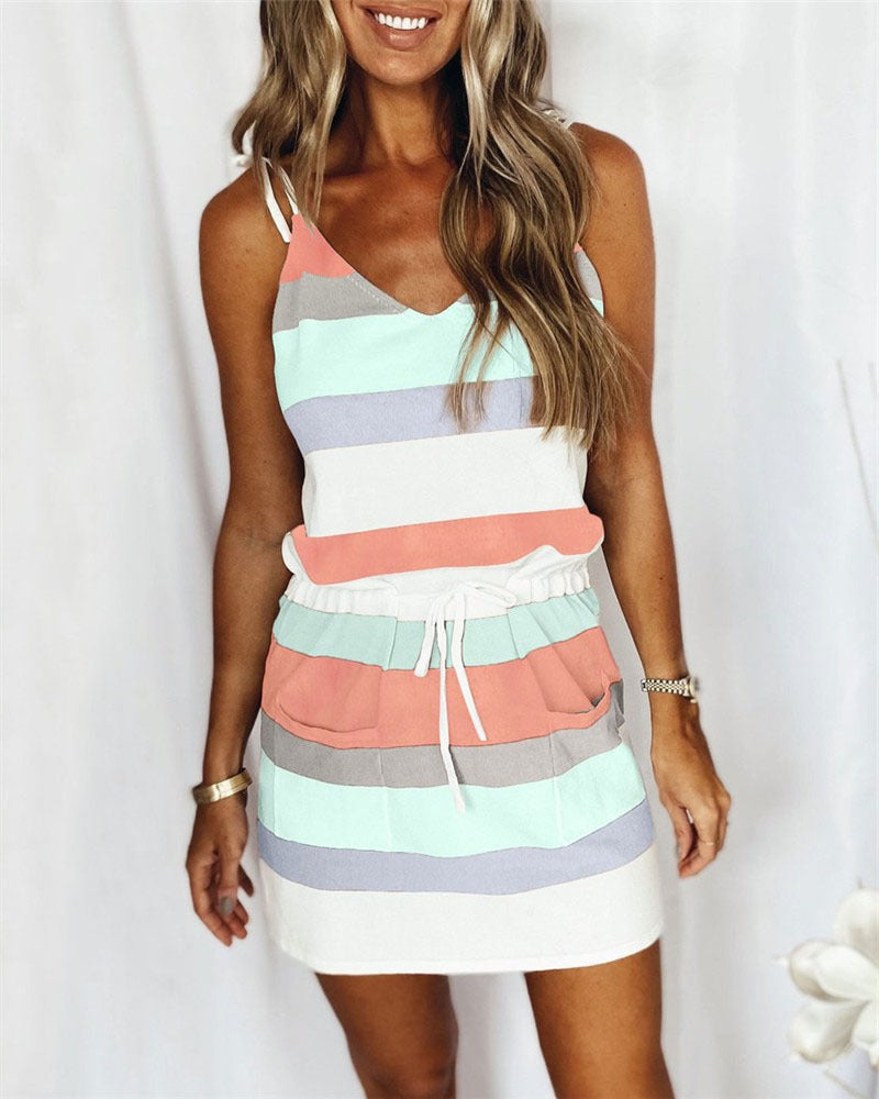 Summer Dress with Stripes and V-Neck for Women