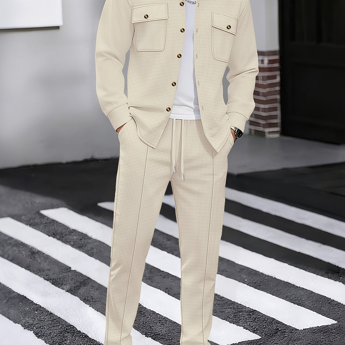 Men's Textured Two-Piece Shirt and Trouser Set