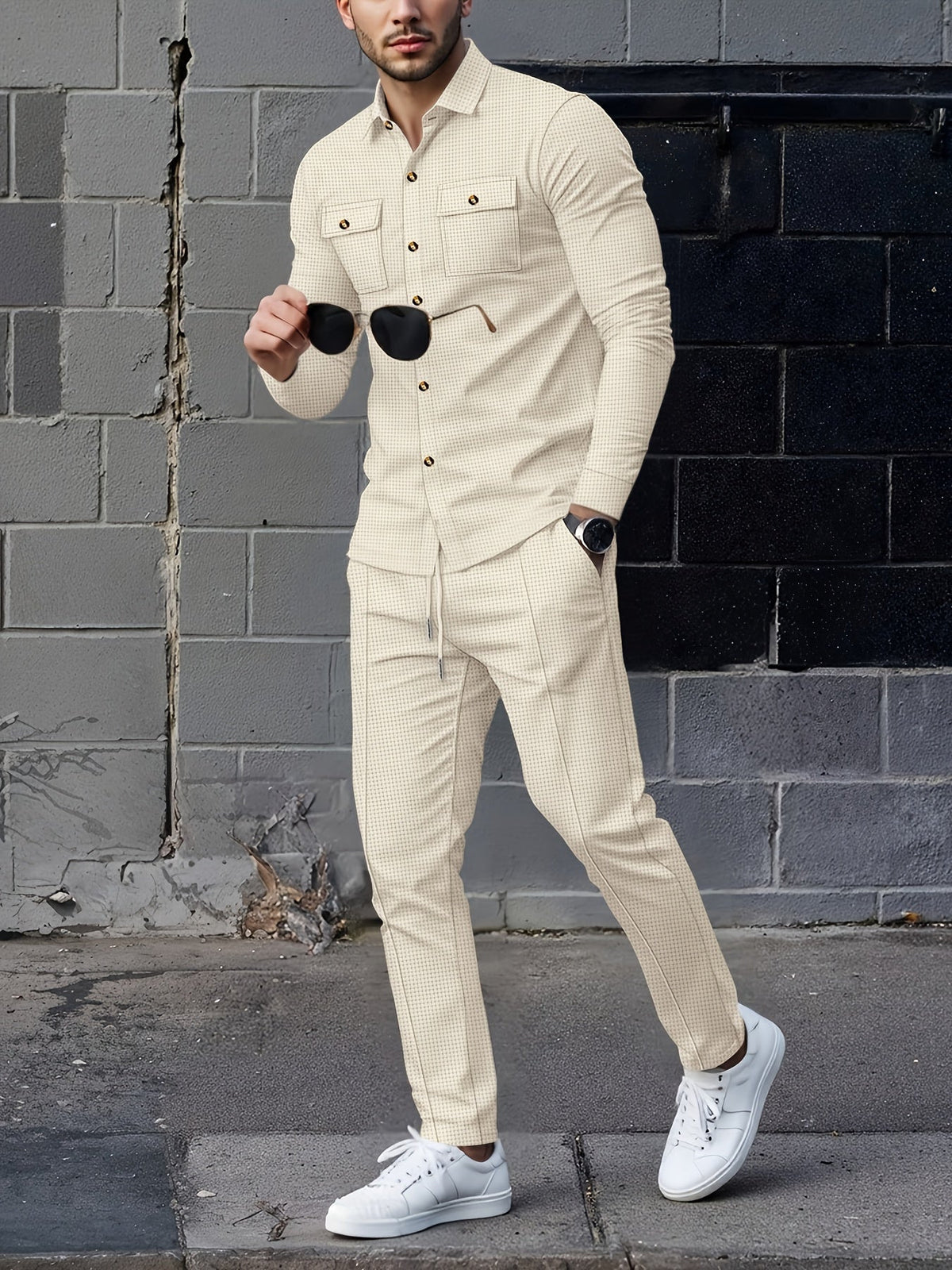 Men's Textured Two-Piece Shirt and Trouser Set