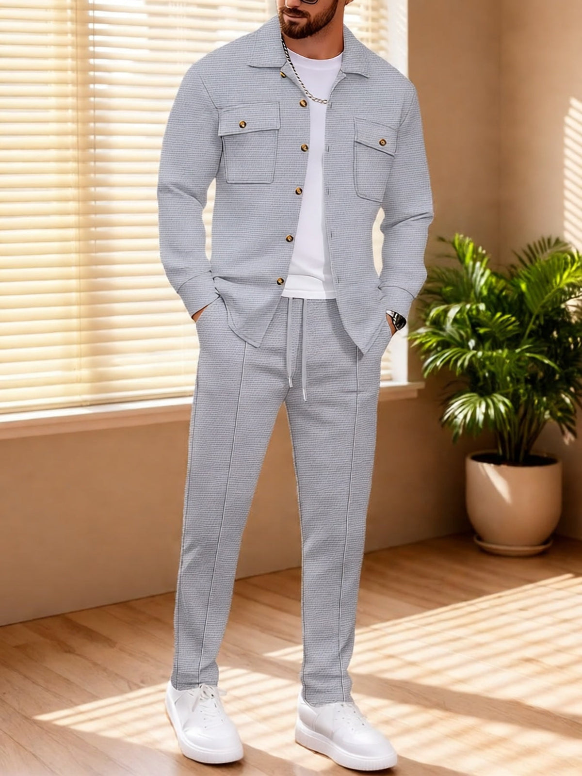 Men's Textured Two-Piece Shirt and Trouser Set
