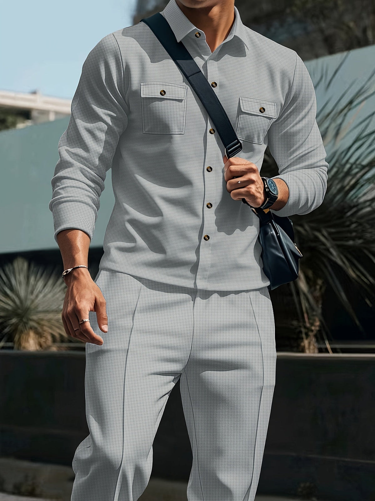 Men's Textured Two-Piece Shirt and Trouser Set