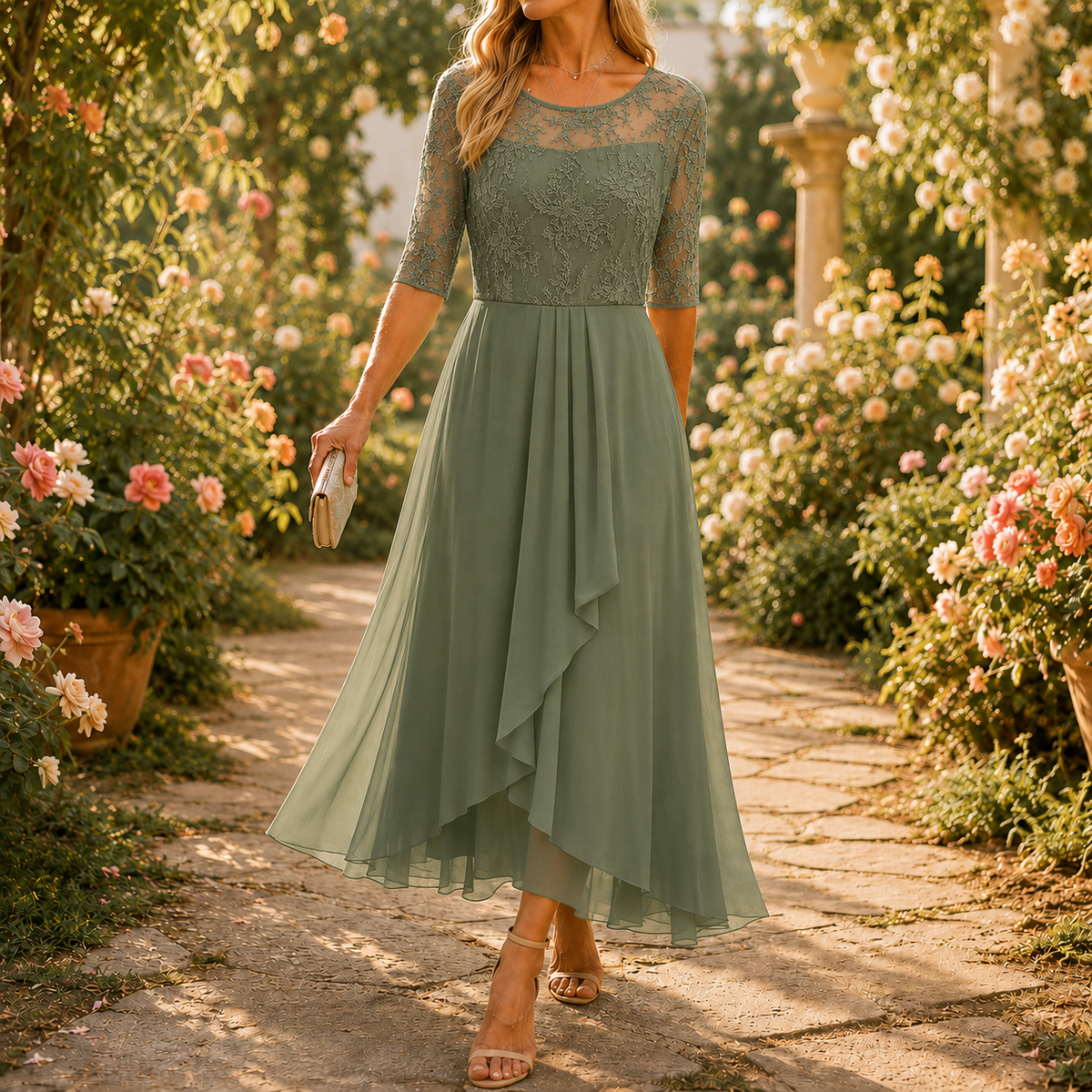 Wedding Guest Dress with Floral Print, Zip and A-Line Cut