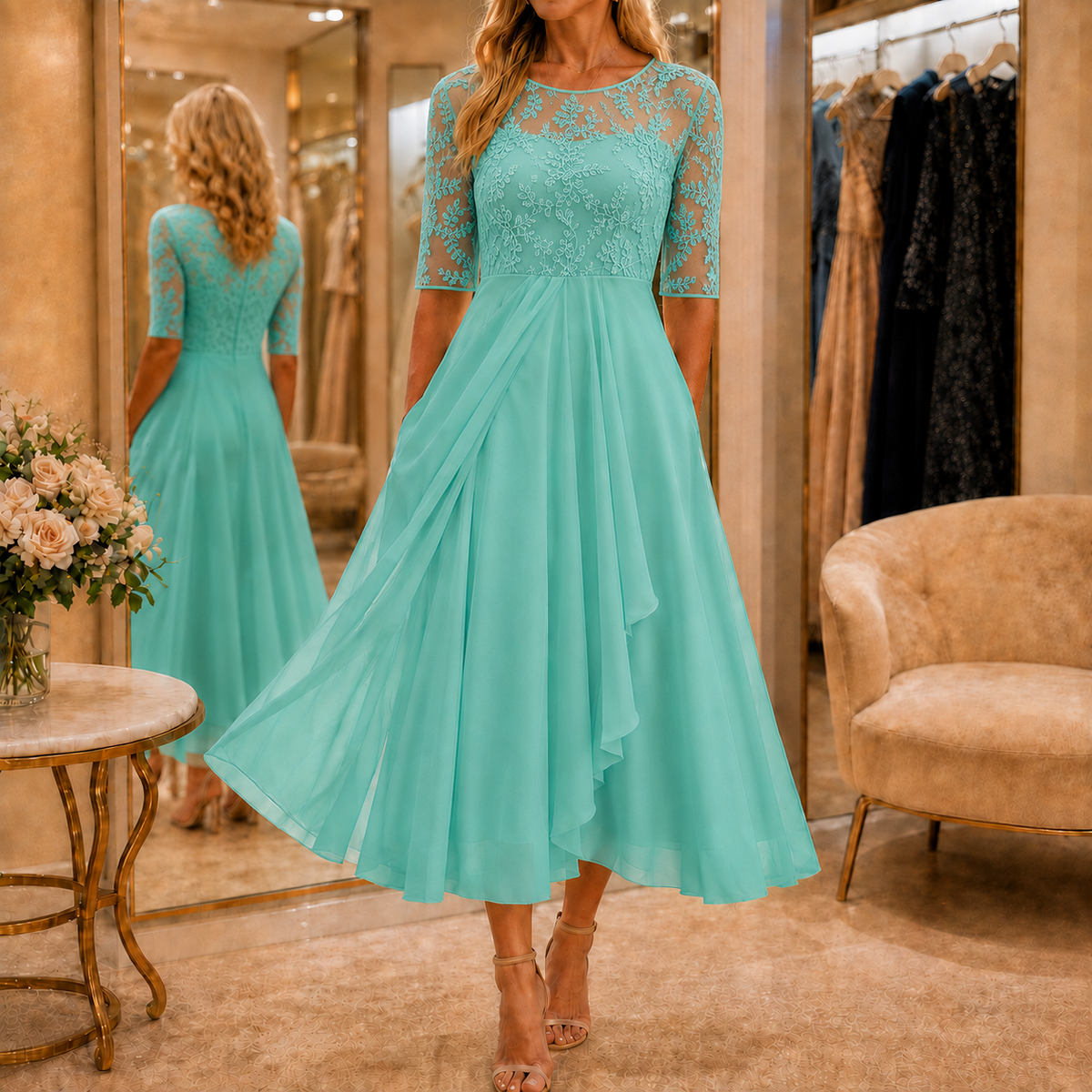 Wedding Guest Dress with Floral Print, Zip and A-Line Cut
