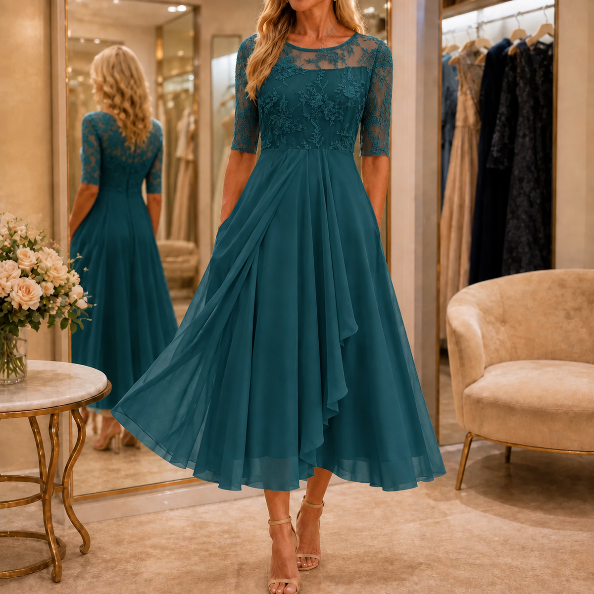 Wedding Guest Dress with Floral Print, Zip and A-Line Cut