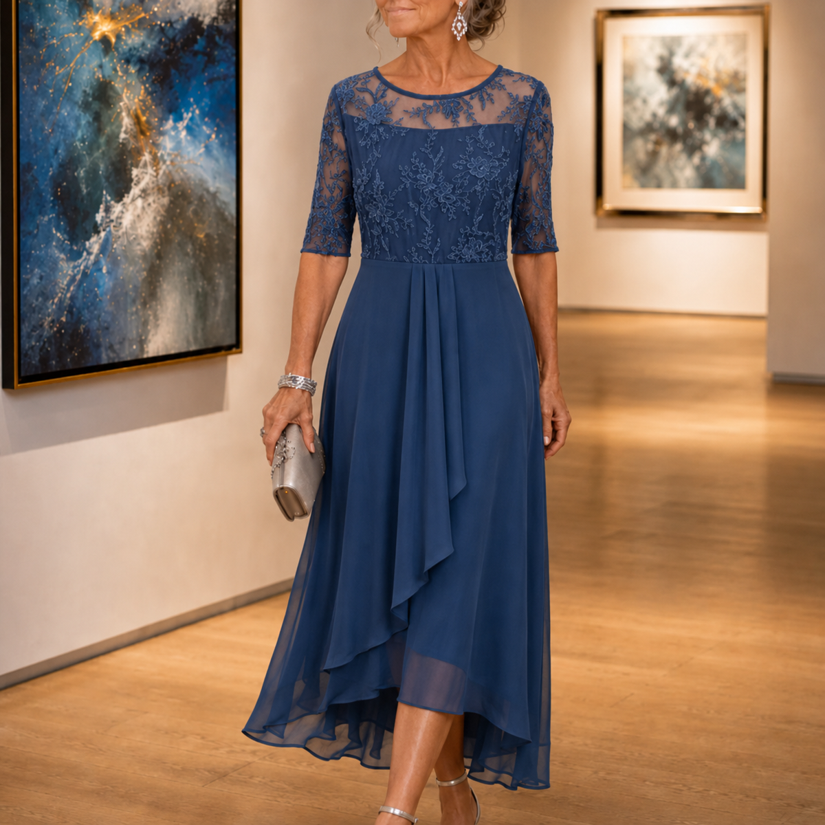 Wedding Guest Dress with Floral Print, Zip and A-Line Cut