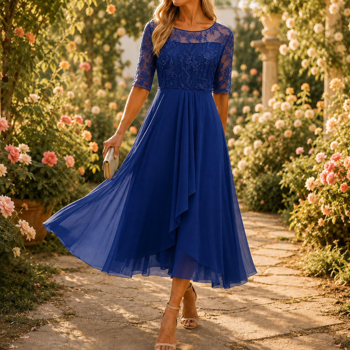 Wedding Guest Dress with Floral Print, Zip and A-Line Cut